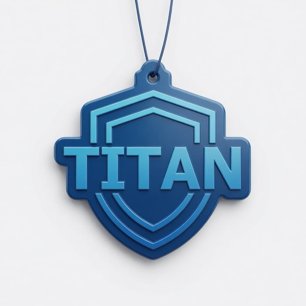 Custom-printed hanging car air freshener with a sample shield logo
